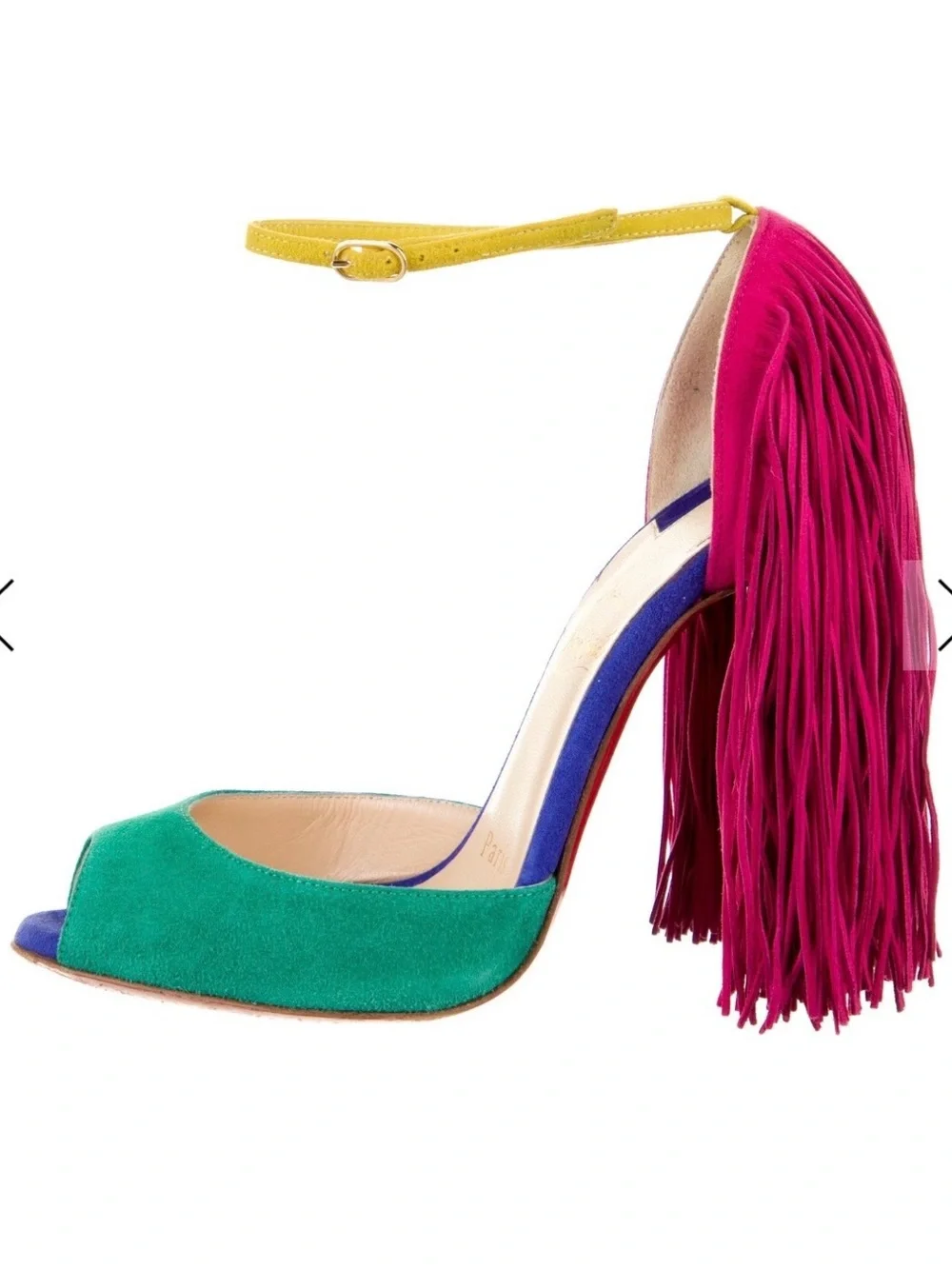 Authentic Christian Louboutin Color Block Fringe Suede Peep-Toe Heel